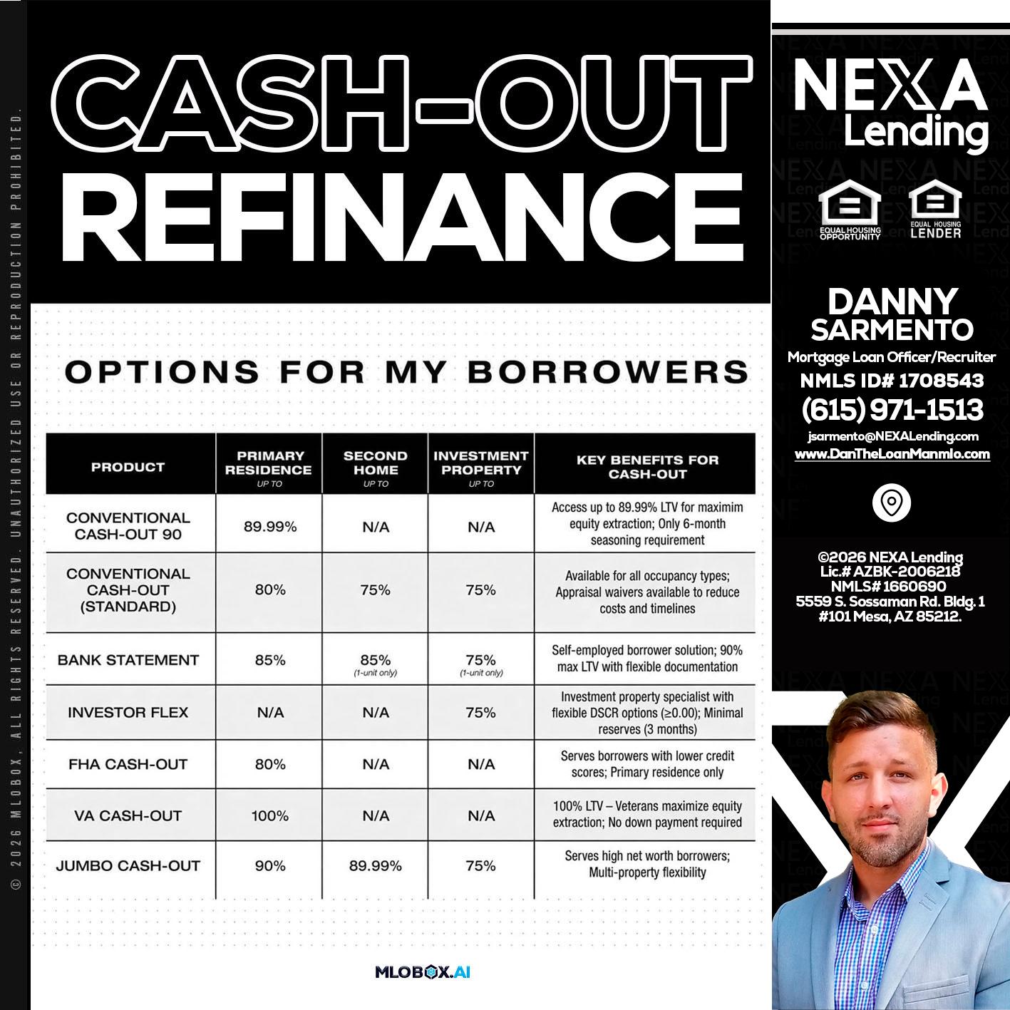CASH OUT - Danny Sarmento -Mortgage Loan Originator